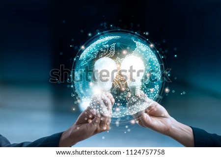 Business team holding circle global and light bulb on social media communication internet network connection and data exchanges worldwide, business networking and technology concept 