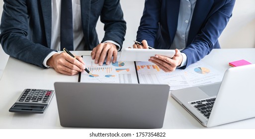 Business team meeting to conference, collaboration discussing working analyzing with financial data and marketing business strategy project, presentation and brainstorming to making profit of company - Shutterstock ID 1757354822