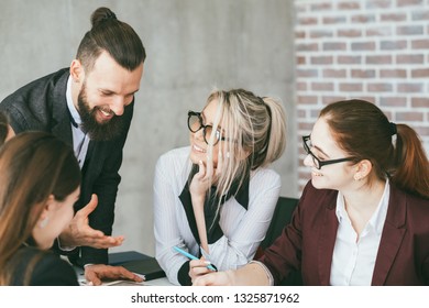 Business Team Meeting. Office Crush. Young Woman Adoring Boss.