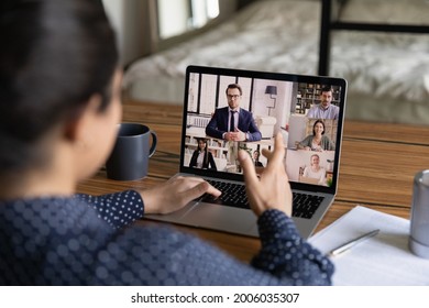 Business Team Meeting Online For Discussing Project And Brainstorming, Using App On Laptops For Video Conference Call, Working From Home. Teacher Holding Virtual Webinar For Audience. Screen View