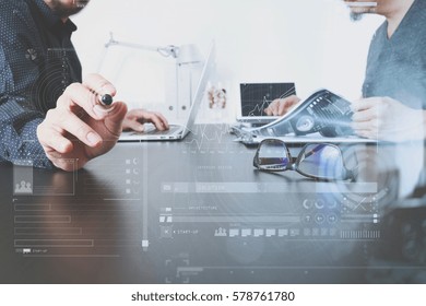 Business Team Meeting,Investor Working New Start Up Project And Digital Tablet And Laptop Computer With Smart Phone And Eyeglasses In Modern Office With Virtual Interface Graphic Icons Network Diagram