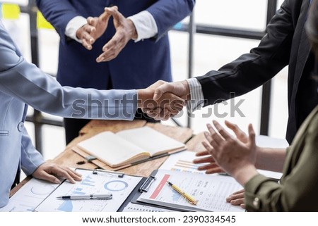 Business Team offer and give hand for handshake in office. Successful job interview. Apply for loan in bank. Salesman, bank worker or lawyer shake for deal, agreement or sale. Increase of salary.	