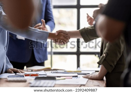 Business Team offer and give hand for handshake in office. Successful job interview. Apply for loan in bank. Salesman, bank worker or lawyer shake for deal, agreement or sale. Increase of salary.	