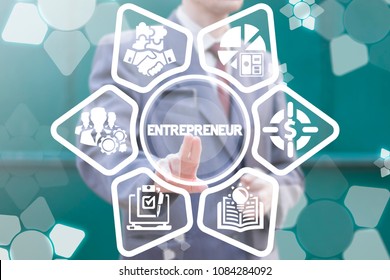 Business Team Office Worker Entrepreneur Concept. Entrepreneurship Success Development Strategy. Businessman Clicks On A Entrepreneur Word Surrounded By Specific Icons.