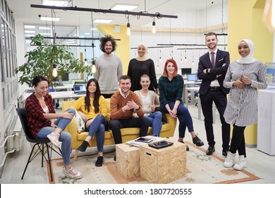 Business Team Portrait At Modern Startup Office, Standing Together And Posing For Photo Motivated And Creative Successful Diverse Employees Group