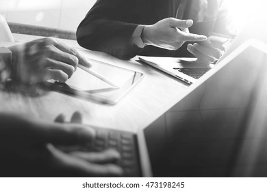 Business Team Present. Black And White. Professional Investor Working Startup Project. Finance Manager Meeting.Digital Tablet Laptop Computer Smart Phone Using, Keyboard Dock Screen Foreground