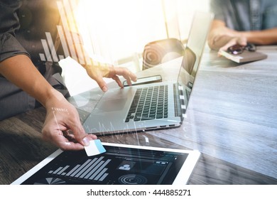 Business team present. Photo professional investor working with new startup project. Finance managers meeting.Digital tablet laptop computer design smart phone using,Sun flare effect - Shutterstock ID 444885271