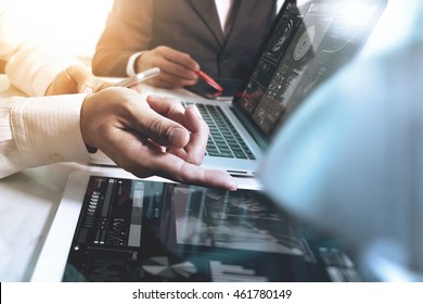 Business team present. Photo professional investor working with new startup project. Finance managers meeting.Digital tablet laptop computer design smart phone using, Sun flare effect

 - Shutterstock ID 461780149