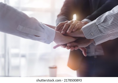 Business Team Standing Hands Together, Volunteer Charity Work. People Join For Cooperation Success Business. Panoramic Teamwork Business Joins Hand Together Concept,