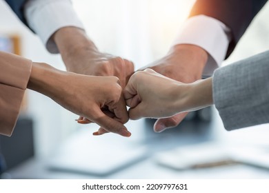 Business Team Standing Hands Together, Volunteer Charity Work. People Join For Cooperation Success Business. Panoramic Teamwork Business Joins Hand Together Concept,	