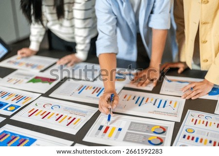 Business team startup presenting data summary chart meeting with colleagues, financial report analysis teamwork strategy planning corporate success at office, marketing, data analytics