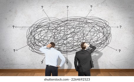 Business Team Thinking in Solving Difficult and Complex Problem Concept. Confused People Wonder at Perplexed Complex Messy Line. Teamwork and Brainstorming Idea - Shutterstock ID 2264692523