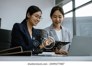 Business team using computer, tablet and presses his finger on the virtual screen inscription Hosting on desk, Web hosting concept, Internet, business, digital technology concept.