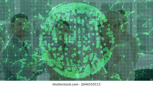 Business team wearing suits analyzing holographic virus model in lab, with node grid projection. Technology, collaboration, innovation, futurism, data visualization, digital, corporate
