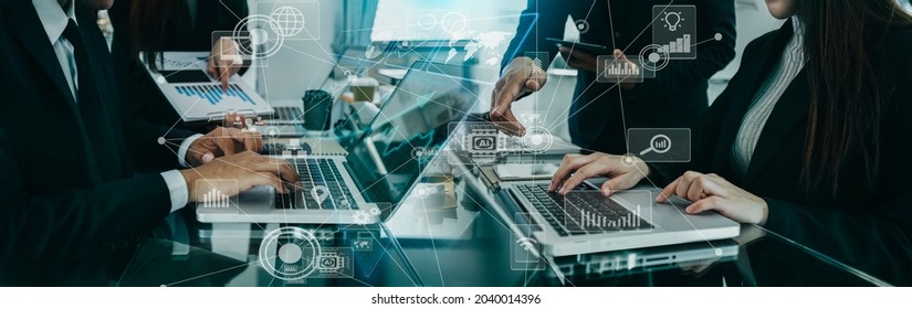 Business Team Working With Digital Finance Marketing Chart, Future Technology Innovation Interface Icons, Business Digital Technology Transformation Marketing Concept, Blurred Background. 
