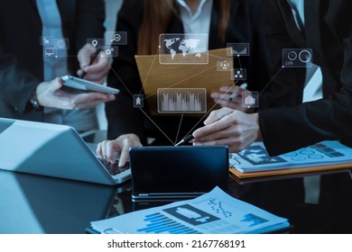 Business Team Working On Table Office With Laptop Computer And Digital Finance Marketing Chart, Future Technology Innovation And Digital Transformation Concept.