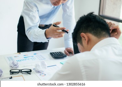 Business Teamwork Blaming Partner And Serious Discussion. Colleagues Argue About Investment Document  Disagree Having Conflict At Work. Bussiness People Are Serious Meeting. 