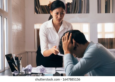 Business Teamwork Blaming Partner And Serious Discussion. Colleagues Argue About Investment Document  Disagree Having Conflict At Work. Bussiness People Are Serious Meeting. 