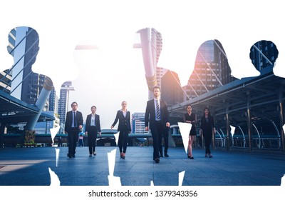 Business Teamwork Concept, Double Exposure Of Professional Business Man And Woman Team Walking Together With Modern Building Background