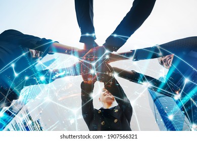 Business Teamwork And Network Technology Concept, Double Exposure Of Professional Business Woman Team Putting Their Hand Together For Celebration Unity