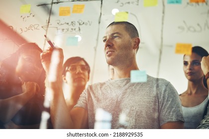 Business teamwork, planning in meeting writing sticky notes to brainstorm and work together. Casual workplace team brainstorm, think and share creative ideas while collaborating on a group project - Shutterstock ID 2188929535