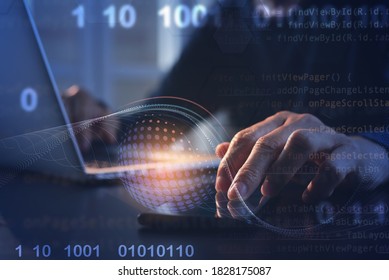 Business technology background, digital software development, IoT Internet of Things. Man programmer, software developer working on digital tablet and laptop computer with binary, html computer code 