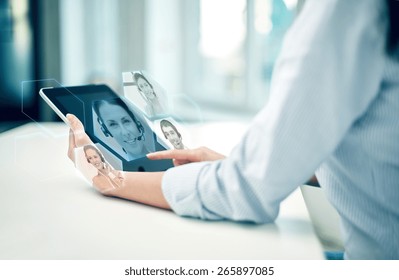 Business, Technology, Communication And People Concept - Close Up Of Woman Holding Tablet Pc Computer And Having Video Chat With Helpline Operator At Office Or Home