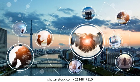 Business and technology concept. Communication network. Data analysis. Management strategy.  - Shutterstock ID 2114847110