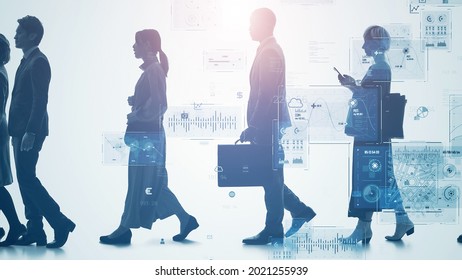 Business And Technology Concept. Group Of People Walking Forward.