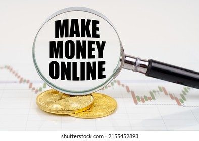 Business and technology concept. On the chart with quotes are bitcoins and there is a magnifying glass with the inscription - MAKE MONEY ONLINE - Shutterstock ID 2155452893