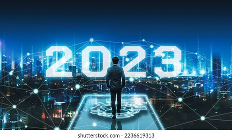 Business technology concept, Professional business man walking on future network Bangkok city background with new year 2023 text and futuristic interface graphic at night in Thailand - Shutterstock ID 2236619313