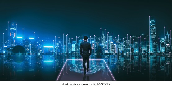 Business technology concept, Professional business man walking on future Hong Kong city background and futuristic interface graphic at night, in Victoria Harbour, Cyberpunk color style - Powered by Shutterstock