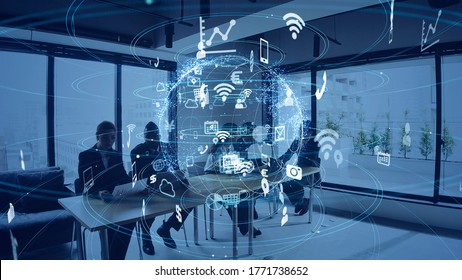 Business and technology concept. Smart office. IoT (Internet of Things). Telecommunication.