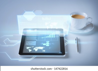 Business And Technology Concept - Tablet Pc And Virtual Screen With Cup Of Coffee