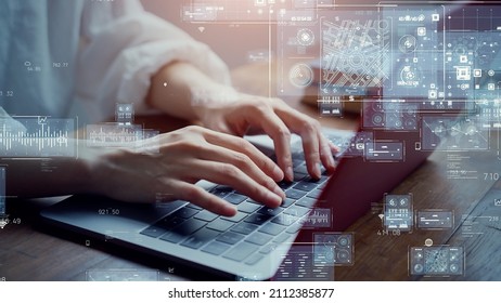 Business and technology concept. Woman typing a keyboard. Digital transformation. - Shutterstock ID 2112385877