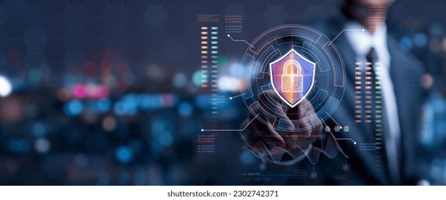 Business with technology. Concepts of surveillance and security scanning of digital program cyber futuristic applications. Cyber security is critical to doing business in the era of AI computing. - Shutterstock ID 2302742371