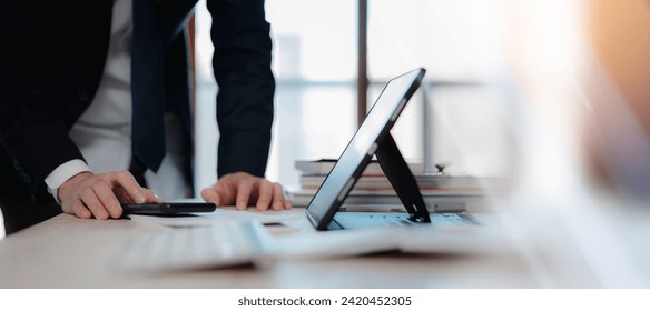 Business technology concept.Work using typing smart ai technology, planning ideas investors internet searching, ideas connecting people.