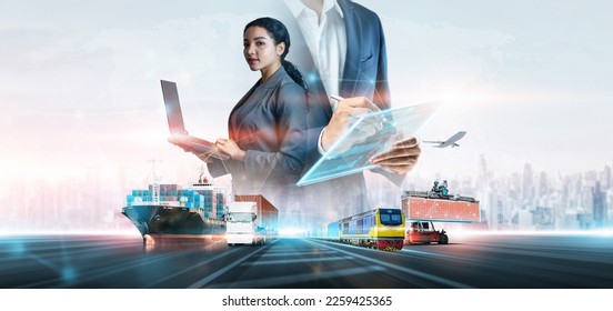Business and technology digital future of cargo containers logistics transportation import export concept, Engineer using laptop online tracking control delivery distribution on world map background - Shutterstock ID 2259425365