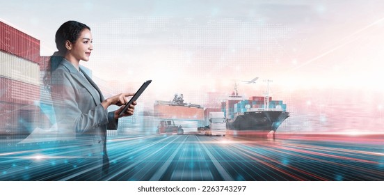 Business and technology digital future of cargo container logistics transportation import export concept, Business woman using laptop online tracking control delivery distribution world map background