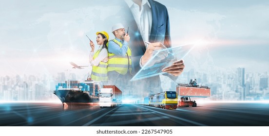 Business and technology digital future cargo logistics transportation import export concept, Engineer using radio communication working at industrial port, Container online checking control management - Shutterstock ID 2267547905