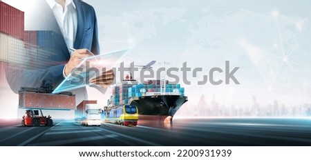 Business and technology digital future of cargo containers logistics transportation import export concept, Manager using tablet online tracking control delivery distribution on world map background