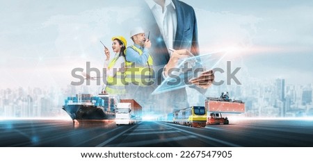 Business and technology digital future cargo logistics transportation import export concept, Engineer using radio communication working at industrial port, Container online checking control management