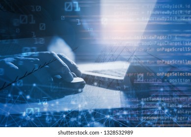 Business and technology, digital software development concept. Double exposure, man programmer, software developer working on laptop computer and smart city with binary, html computer code on screen