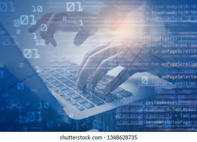 Business and technology, digital software development concept. Double exposure, man programmer, software developer working on laptop computer and smart city with binary, html computer code, big data