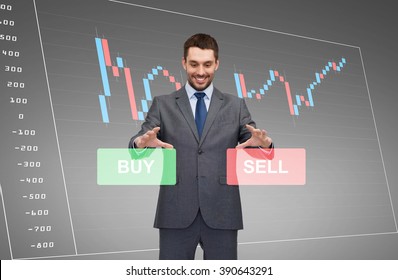 Business, Technology, Finance And People Concept - Smiling Businessman Or Stock Broker Over Forex Chart Projection