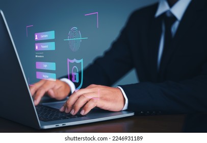 Business with technology. Futuristic digital processing of biometric identification fingerprint scanner. Concept of surveillance and security scanning of digital program cyber futuristic applications. - Shutterstock ID 2246931189