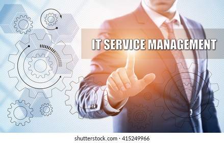 Business, Technology, Information Technology, Internet And Virtual Reality Concept - Businessman Pressing It Service Management Button On Virtual Screens With Hexagons And Transparent Honeycomb