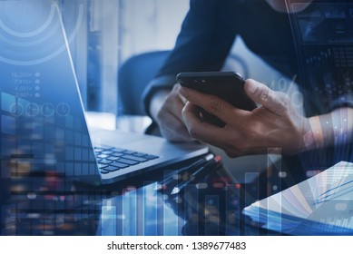 Business Technology, Business Intelligence Concept, Digital Diagram, Graph Interface. Businessman Working At Modern Office. Man Using Mobile Smart Phone, Laptop With Financial Data, Dashboard Computer