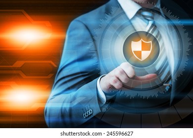 business, technology and internet concept - businessman pressing button on virtual screens - Shutterstock ID 245596627
