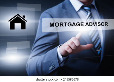 Business, Technology And Internet Concept - Businessman Pressing Mortgage Advisor Button On Virtual Screens